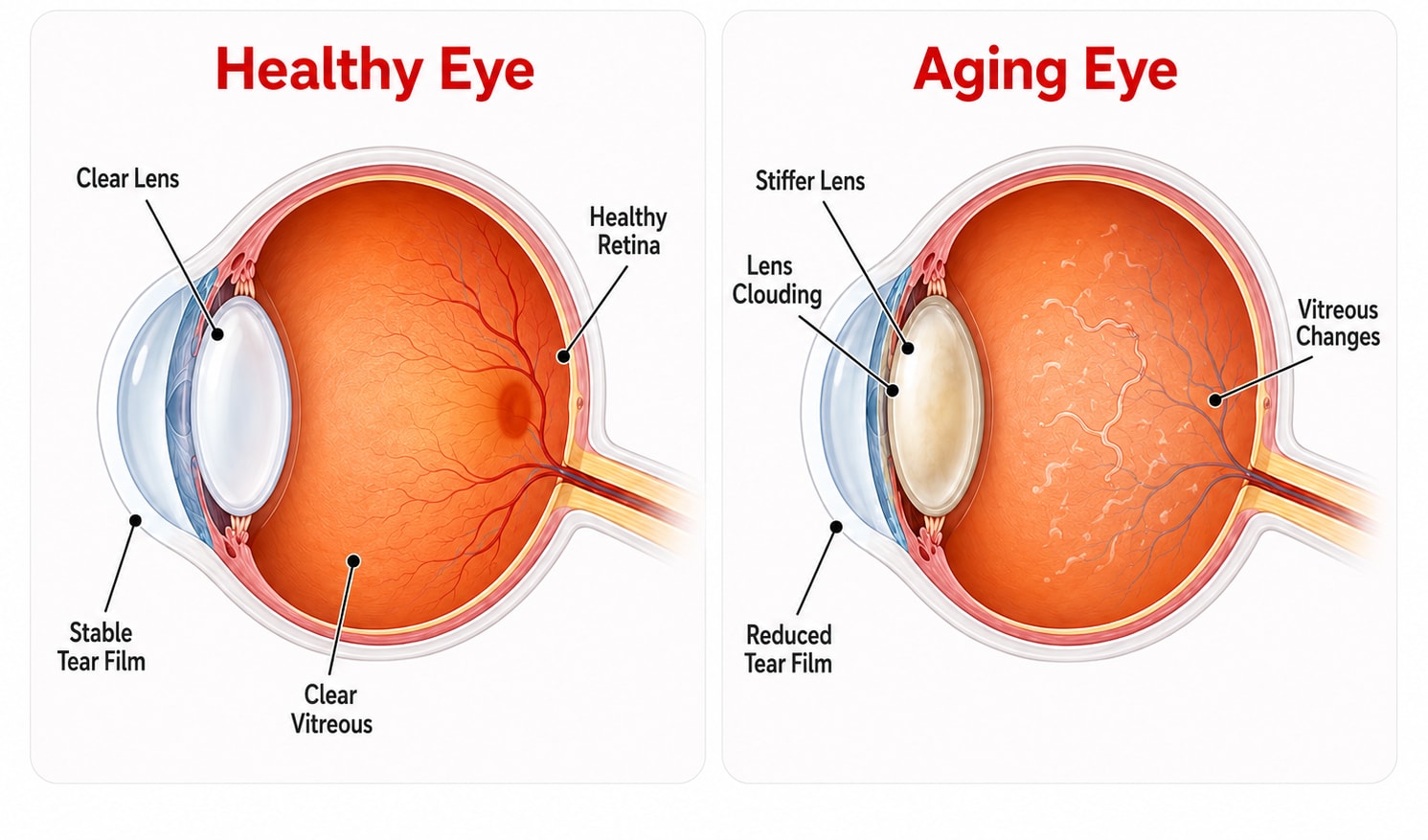 Healthy eye and aging eye comparison showing how aging affects the eye’s lens, tear film, vitreous, and retina.