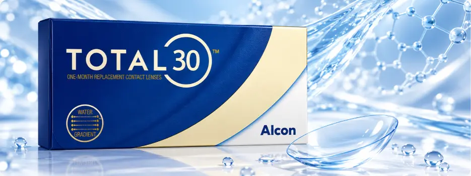 TOTAL30 contact lens box by Alcon beside a clear contact lens, with water droplets and molecular structures illustrating CELLIGENT Technology.