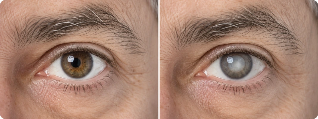 Wear contacts with cataracts visual showing a man’s eye comparison, with one clear eye and one subtly cloudy eye to illustrate cataract haze.