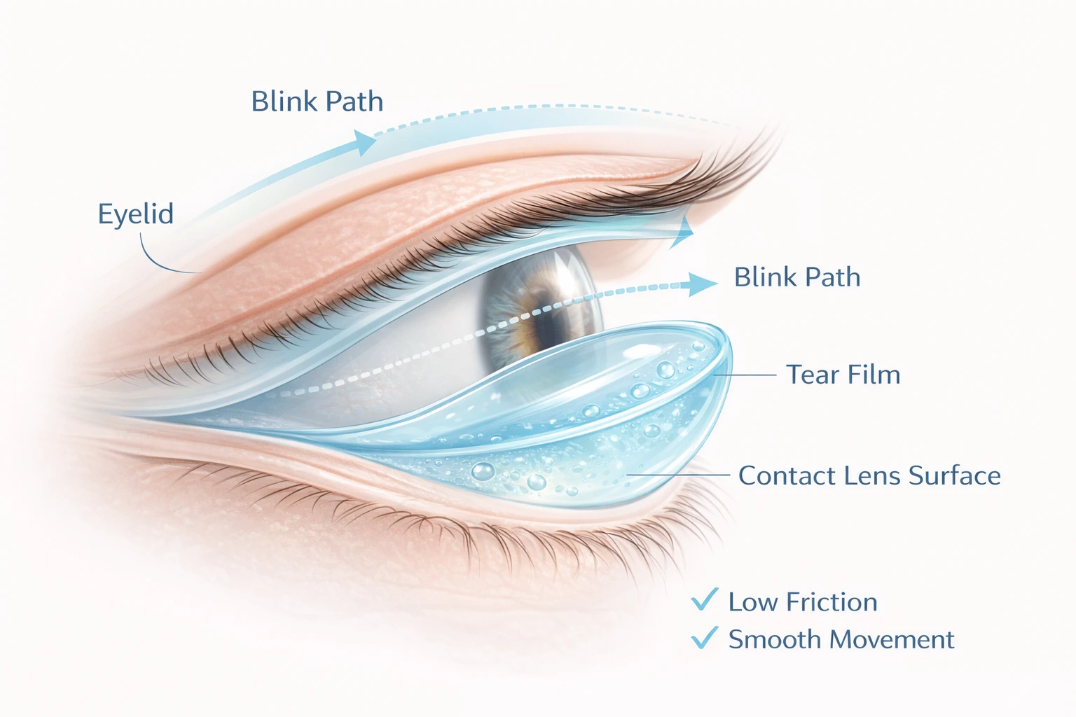 Medical infographic of an eye during a blink, showing the eyelid gliding over the tear film and contact lens surface for smooth movement and low friction.