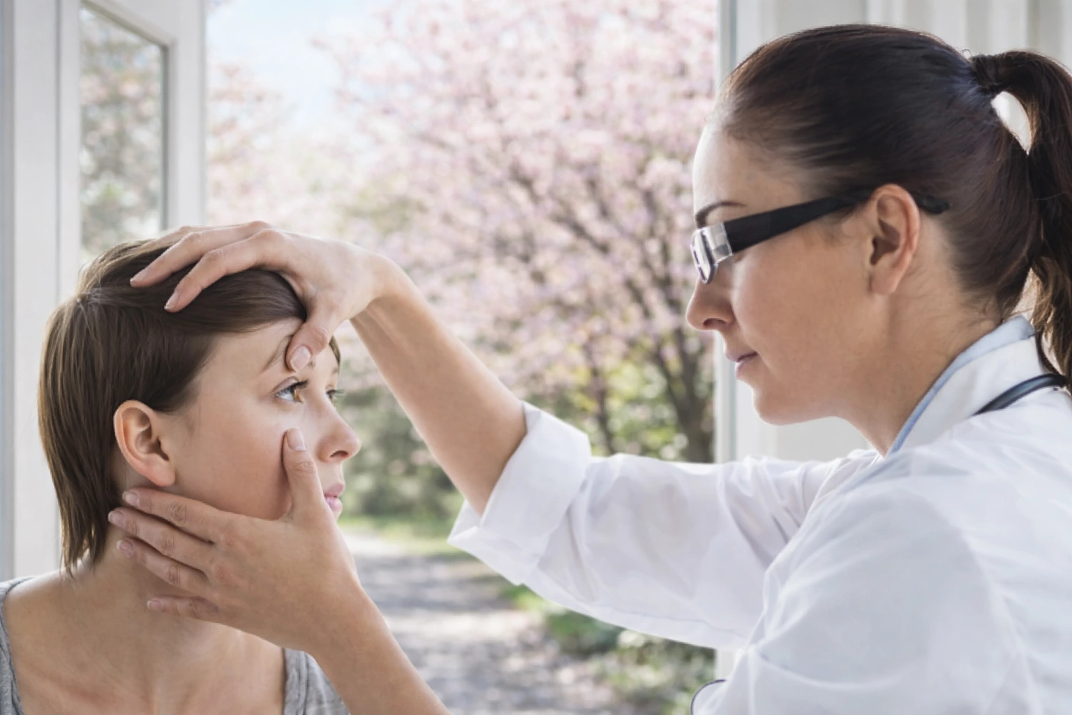 An eye doctor examines a patient’s eye in a bright clinic near an open doorway with cherry blossoms outside, highlighting contacts for spring allergies.