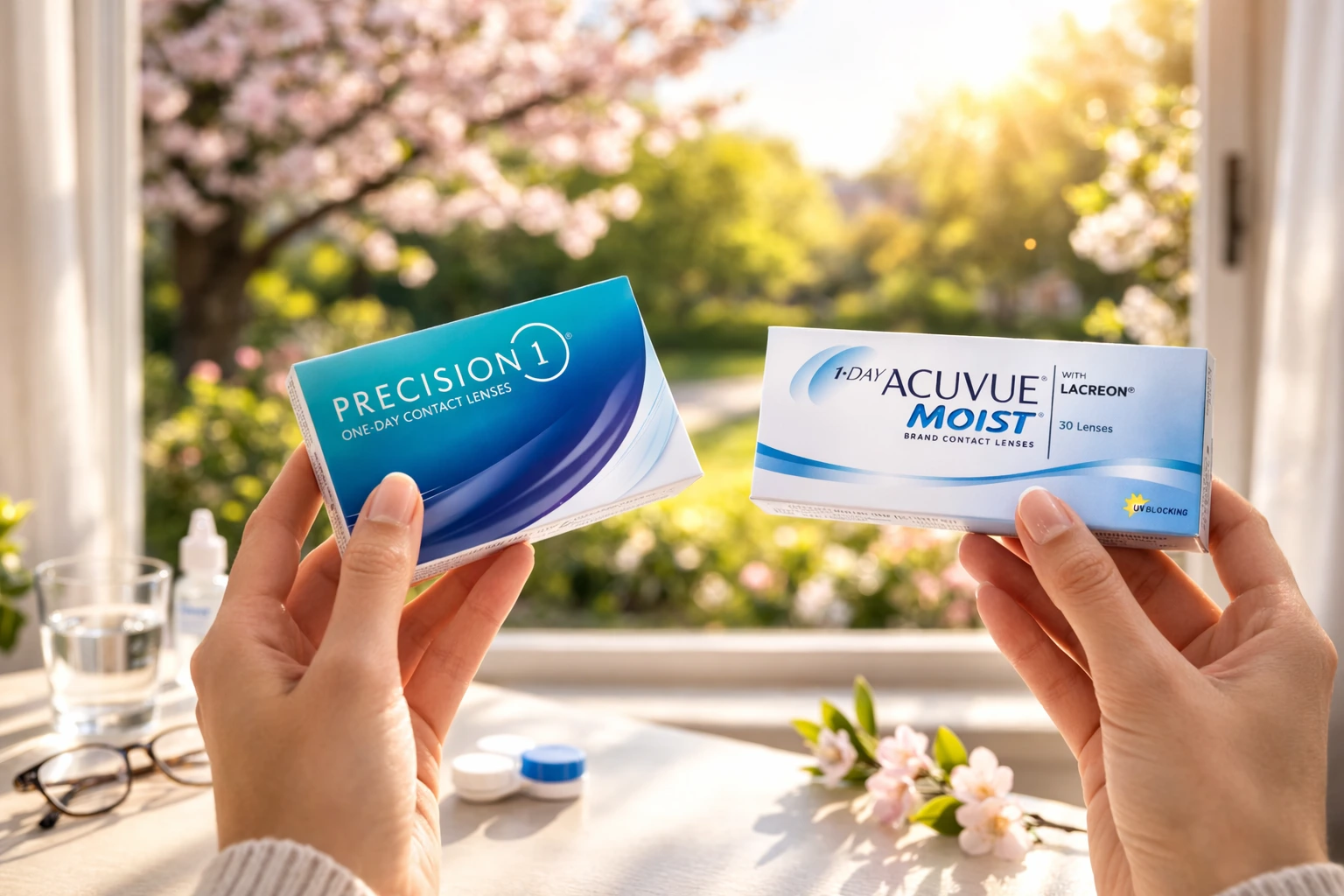 Hands hold two daily lens boxes by a sunny window with blooming spring trees outside, comparing options for contact lens for spring allergies comfort.