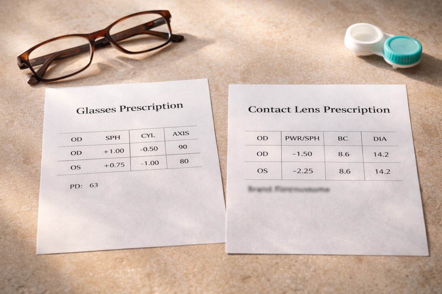 Photorealistic desk scene with two papers on a warm beige stone surface: “Glasses Prescription” showing SPH, CYL, AXIS, and PD beside a pair of eyeglasses, and “Contact Lens Prescription” showing PWR/SPH, BC, and DIA beside a contact lens case, lit by soft natural light.