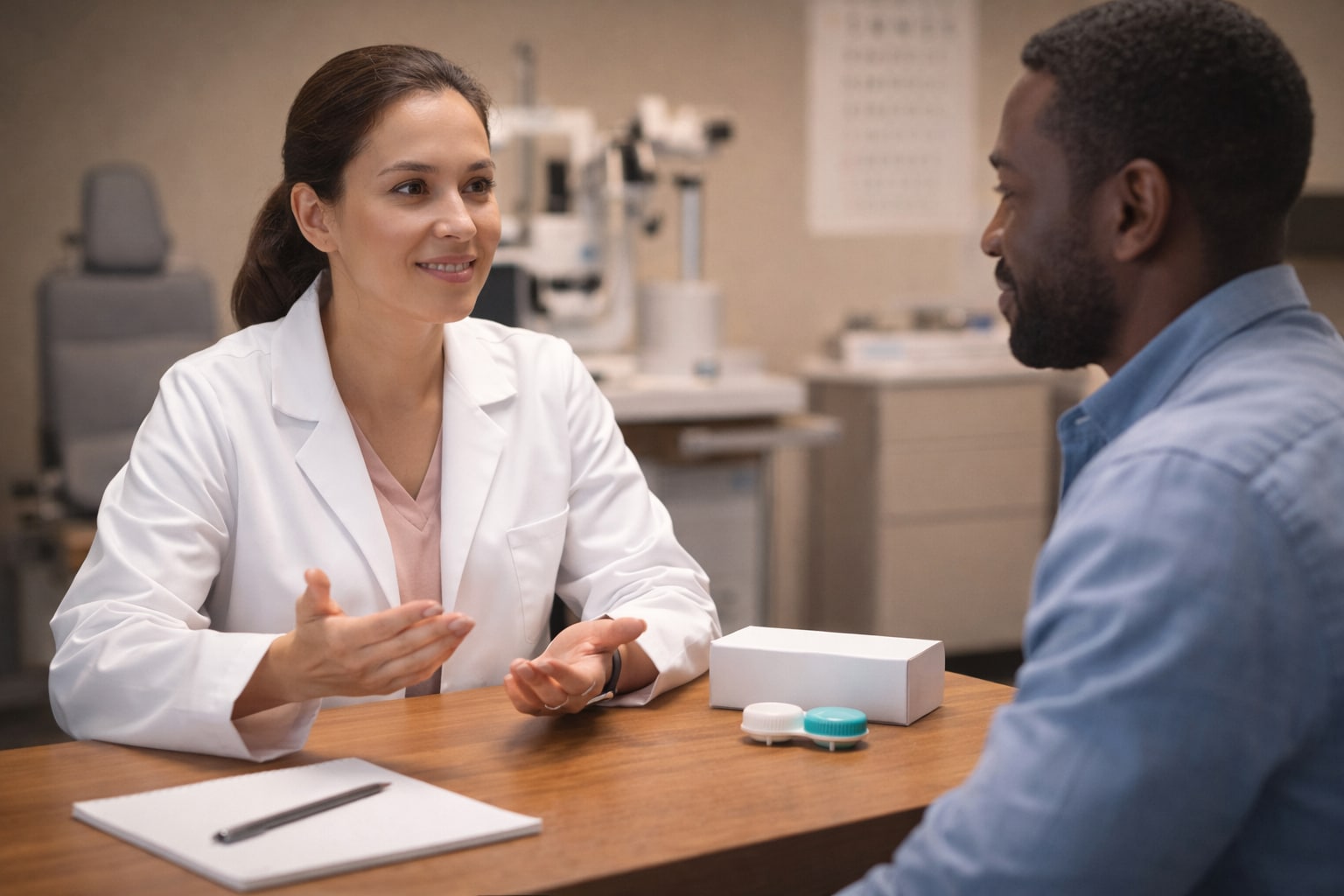 Optometrist talking with a patient at a consultation desk in a modern clinic, with a notepad, unbranded contact lens box, and lens case on the table and exam equipment softly blurred in the background.