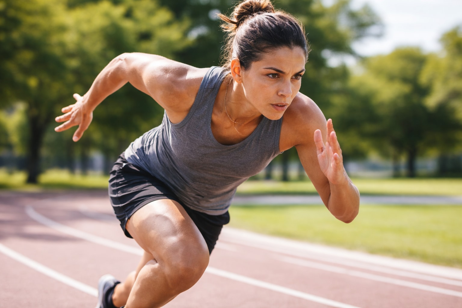 Athlete sprinting outdoors without glasses, showing clear vision and freedom of movement.
