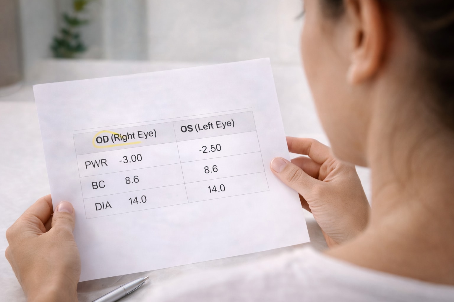 Woman reading a contact lens prescription with OD Eye vs. OS Eye highlighted to show right-eye and left-eye values.