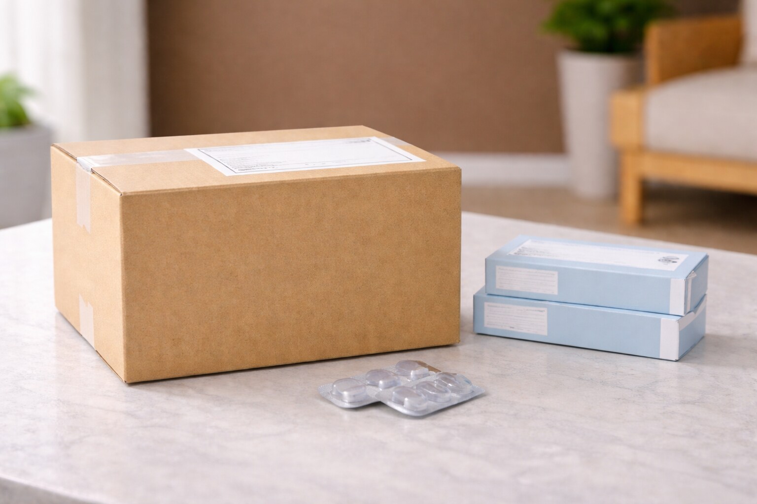 Shipping box next to unbranded contact lens boxes and blister packs on a countertop, illustrating the fastest way to get contacts through quick ordering and delivery.