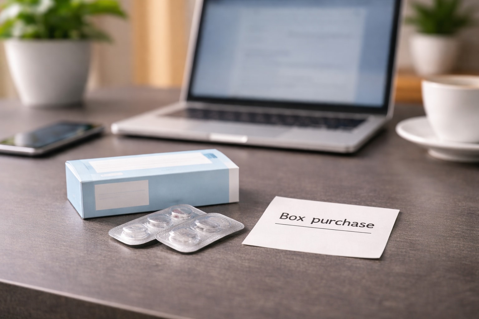 Generic contact lens box and sealed blister packs on a desk beside a laptop, suggesting ordering by the box.