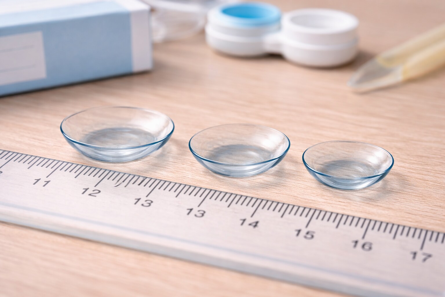 Photorealistic close-up of contact lenses different sizes lined up beside a ruler on a wooden table for size comparison.