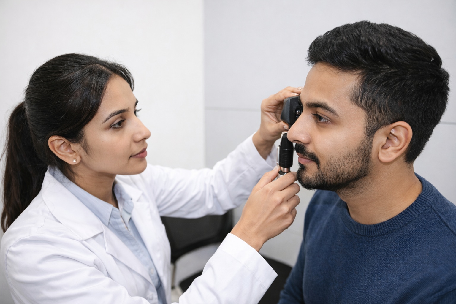 Female eye doctor examining a male patient’s eye with an ophthalmoscope in a clinic.