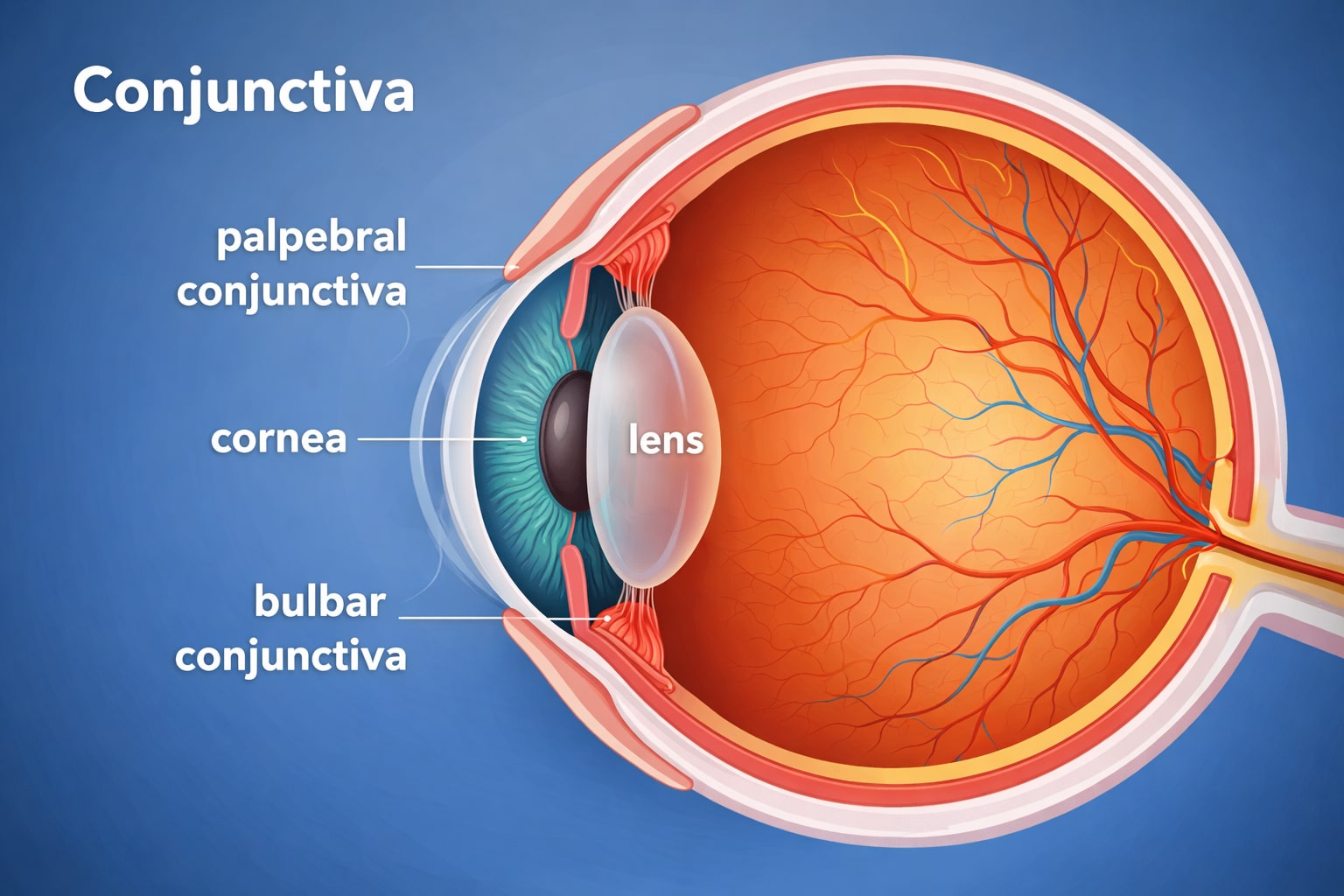 Cross-section medical illustration of the human eye highlighting the conjunctiva, with labels for palpebral conjunctiva, bulbar conjunctiva, and cornea