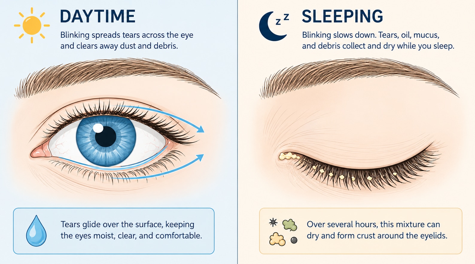 Daytime and nighttime comparison showing how blinking clears tears and debris while awake, while reduced blinking during sleep lets fluid and debris collect and dry around the eyelids.