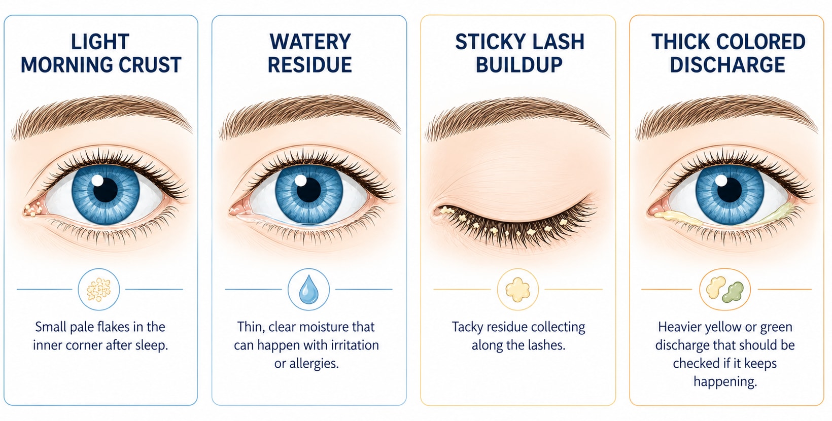 Illustration comparing light morning crust, watery residue, sticky buildup along the eyelashes, and thick yellow or green eye discharge.