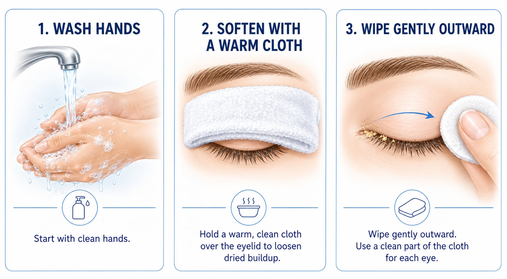 Three-step illustration showing how to clean crusty eyes by washing your hands, softening dried buildup with a warm cloth, and wiping gently outward with a clean section of cloth for each eye.