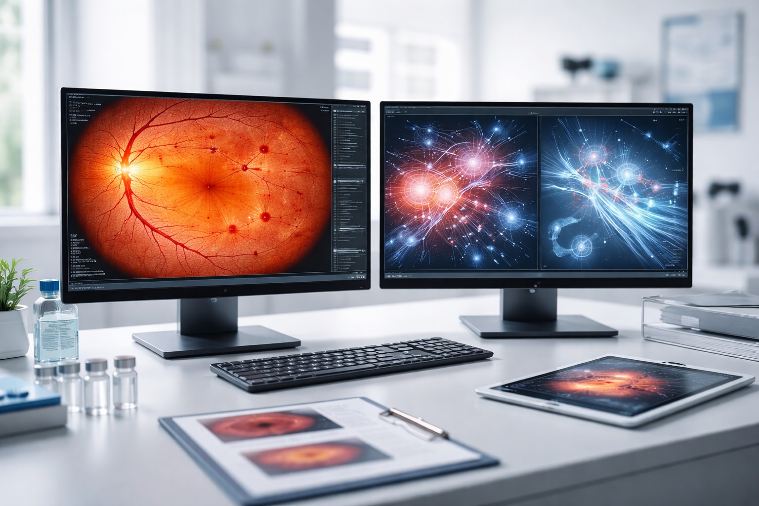 Dual monitor retina clinic workstation displaying retinal imaging and research visuals, illustrating the comparison between LRG1 and VEGF in diabetic retinopathy treatment research.