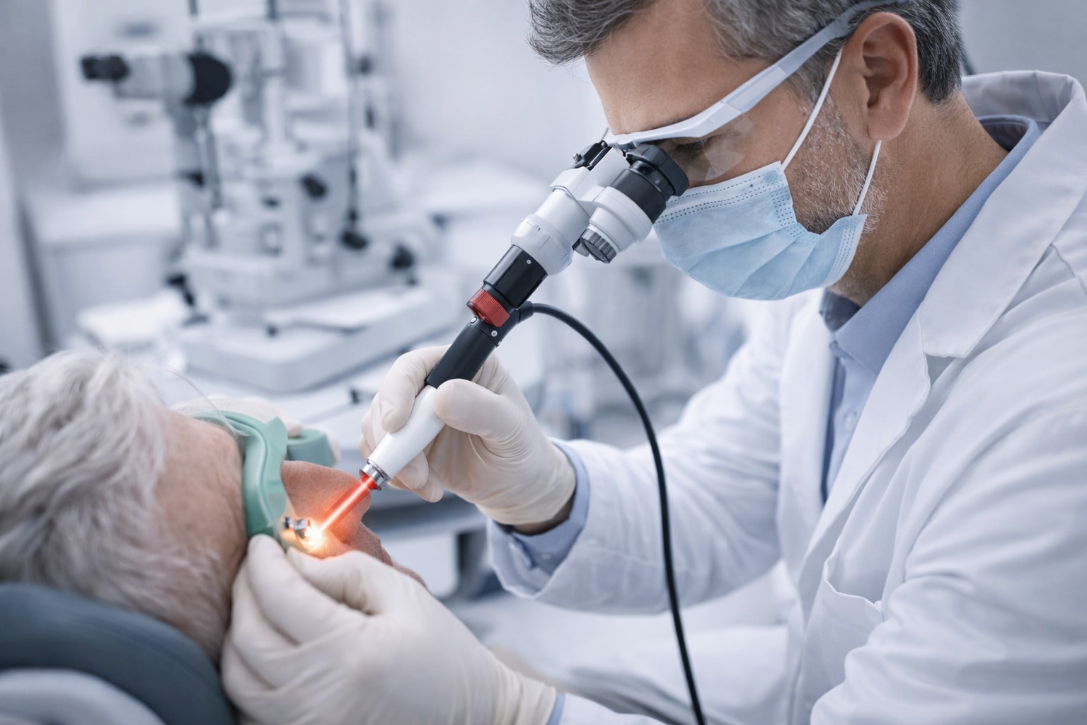 Ophthalmologist performing laser photocoagulation treatment on a patient’s eye to manage diabetic retinopathy and retinal blood vessel damage.
