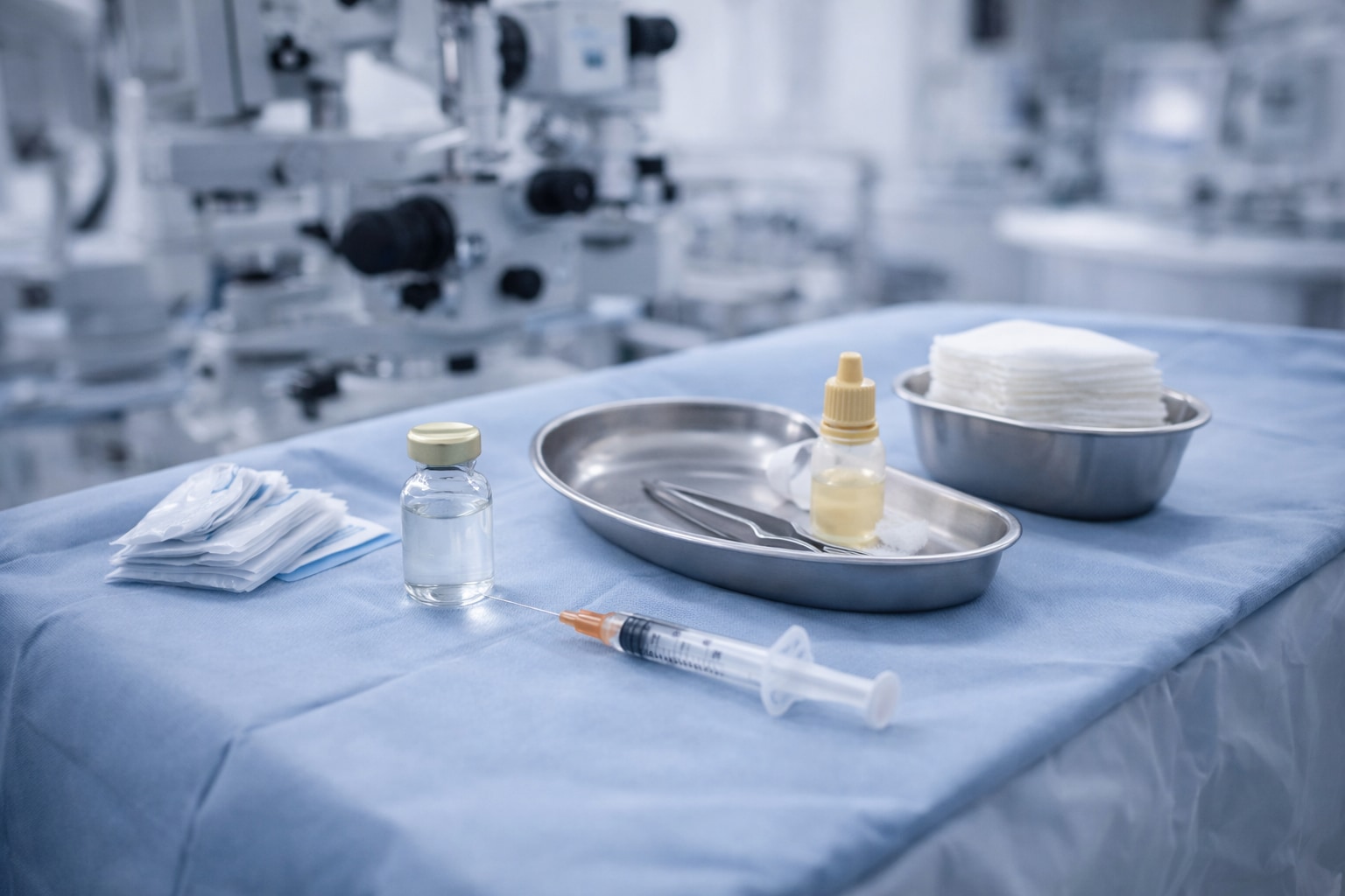 Ophthalmology tray prepared for intravitreal corticosteroid therapy in a clinical setting.