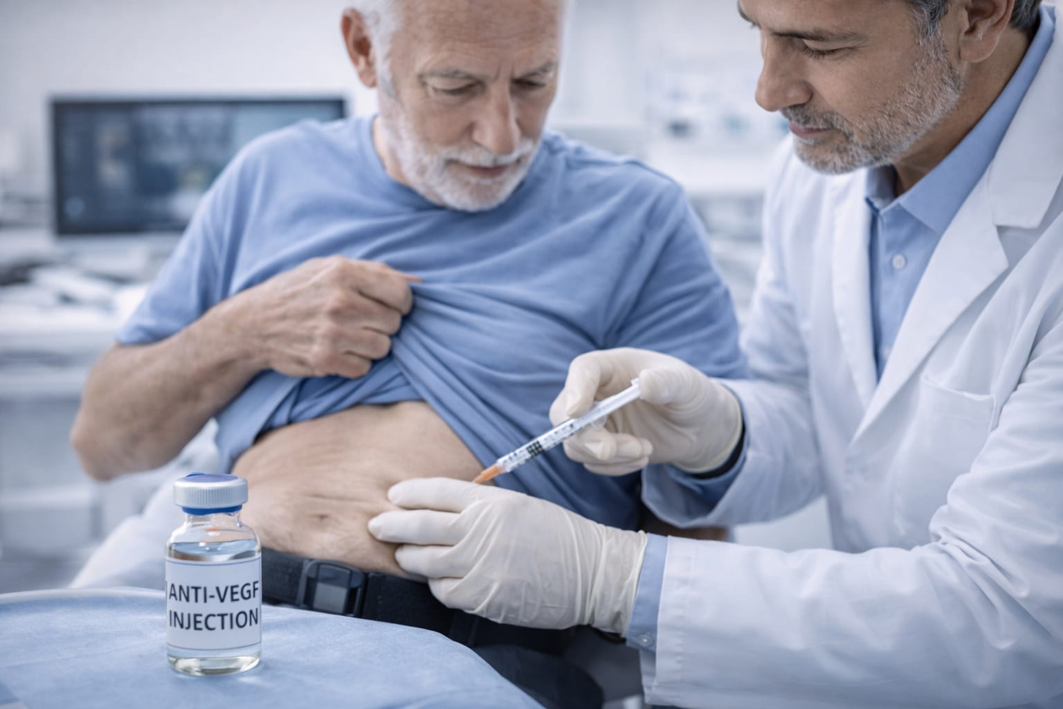 Doctor administering anti-VEGF injection therapy to a diabetes patient, with vial labeled anti-VEGF used for treating diabetic retinopathy.