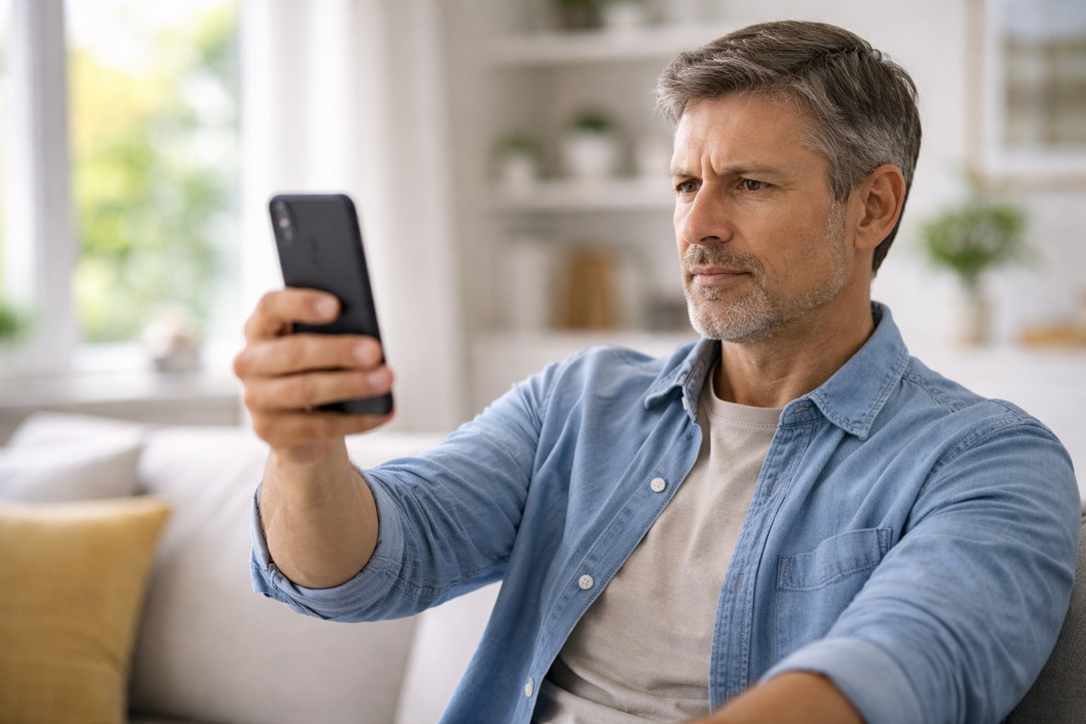Adult holding a smartphone farther away to read due to Presbyopia, illustrating near vision difficulty relevant to Multifocal Contacts vs Monovision.