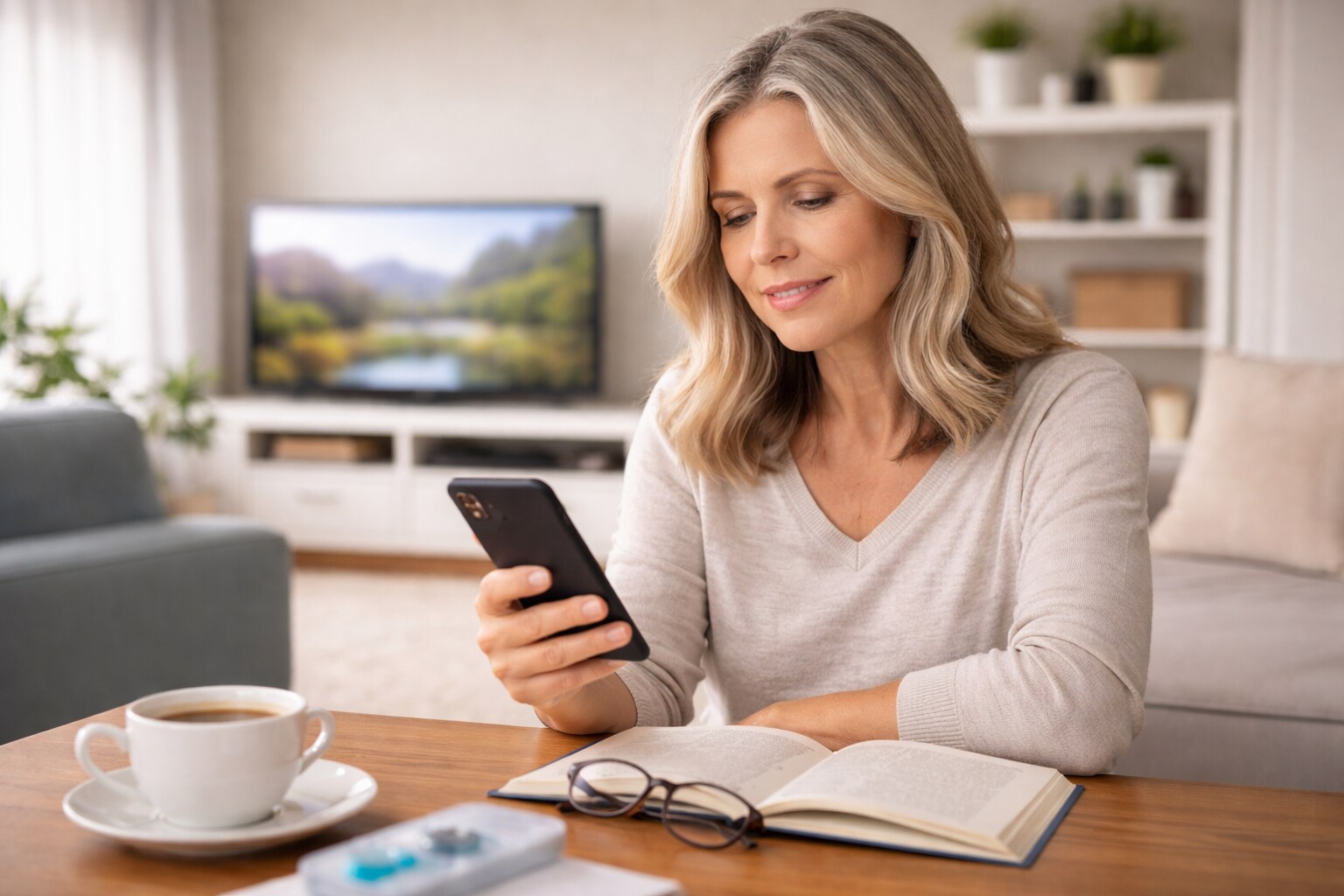 Woman using a smartphone with a book and blurred TV in the background, illustrating monovision contacts for presbyopia.