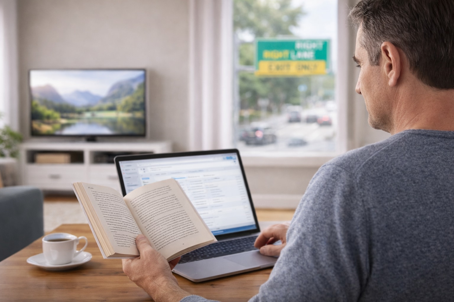 Man using a book and laptop with a TV and street sign in the background, illustrating multifocal contacts for presbyopia.