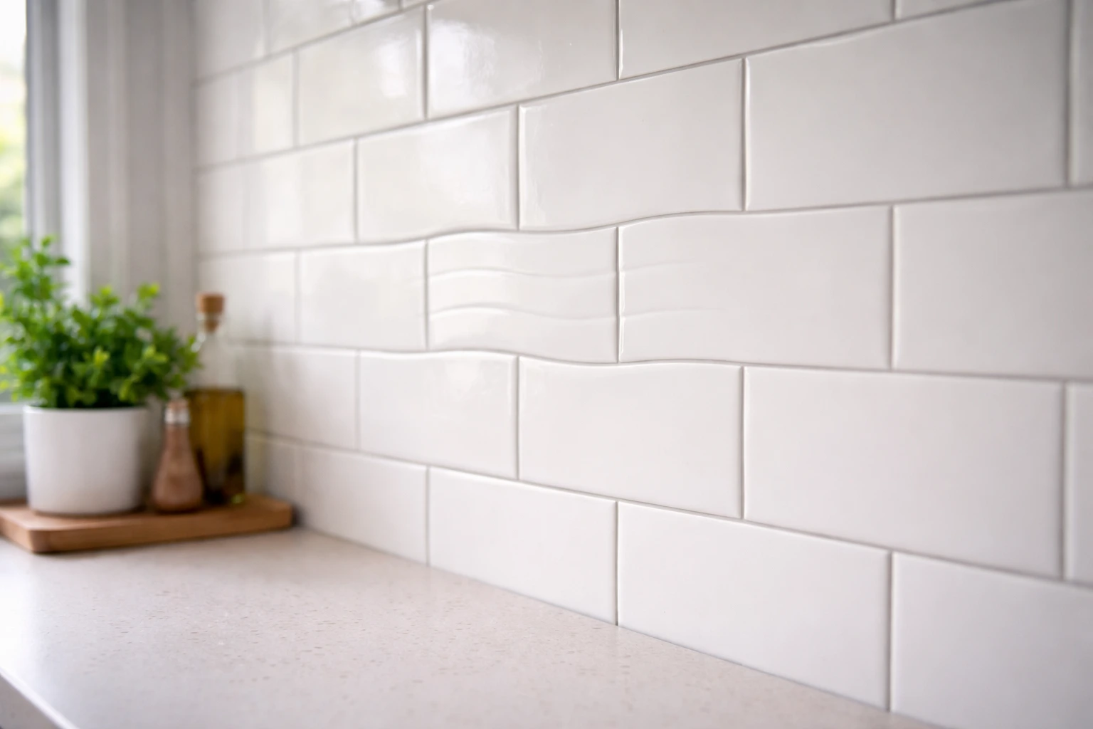 First-person view of a tiled wall with warped lines near the center, illustrating Straight Lines Look Wavy or the Center Looks Blurry as a Warning Signs of Age Related Eye Problems.