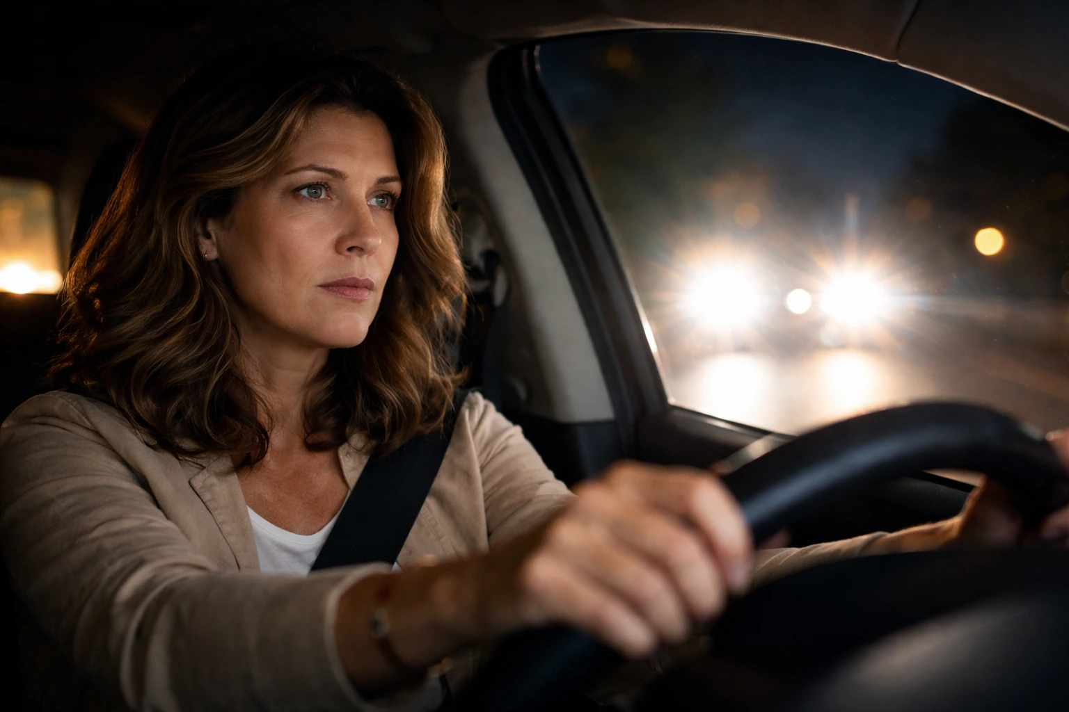 Woman driving at night with bright headlight glare through the windshield, illustrating Night Driving Feels Harder, With Halos, Glare, or Cloudy Vision as Signs of Age Related Eye Problems.