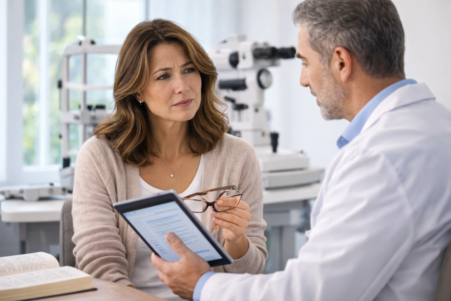 Woman consulting with an eye doctor in a clinic about vision changes, discussing possible Signs of Age Related Eye Problems.