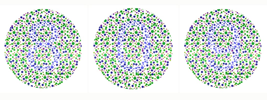 Color vision test plates made of multicolored dots used to screen for color vision differences.