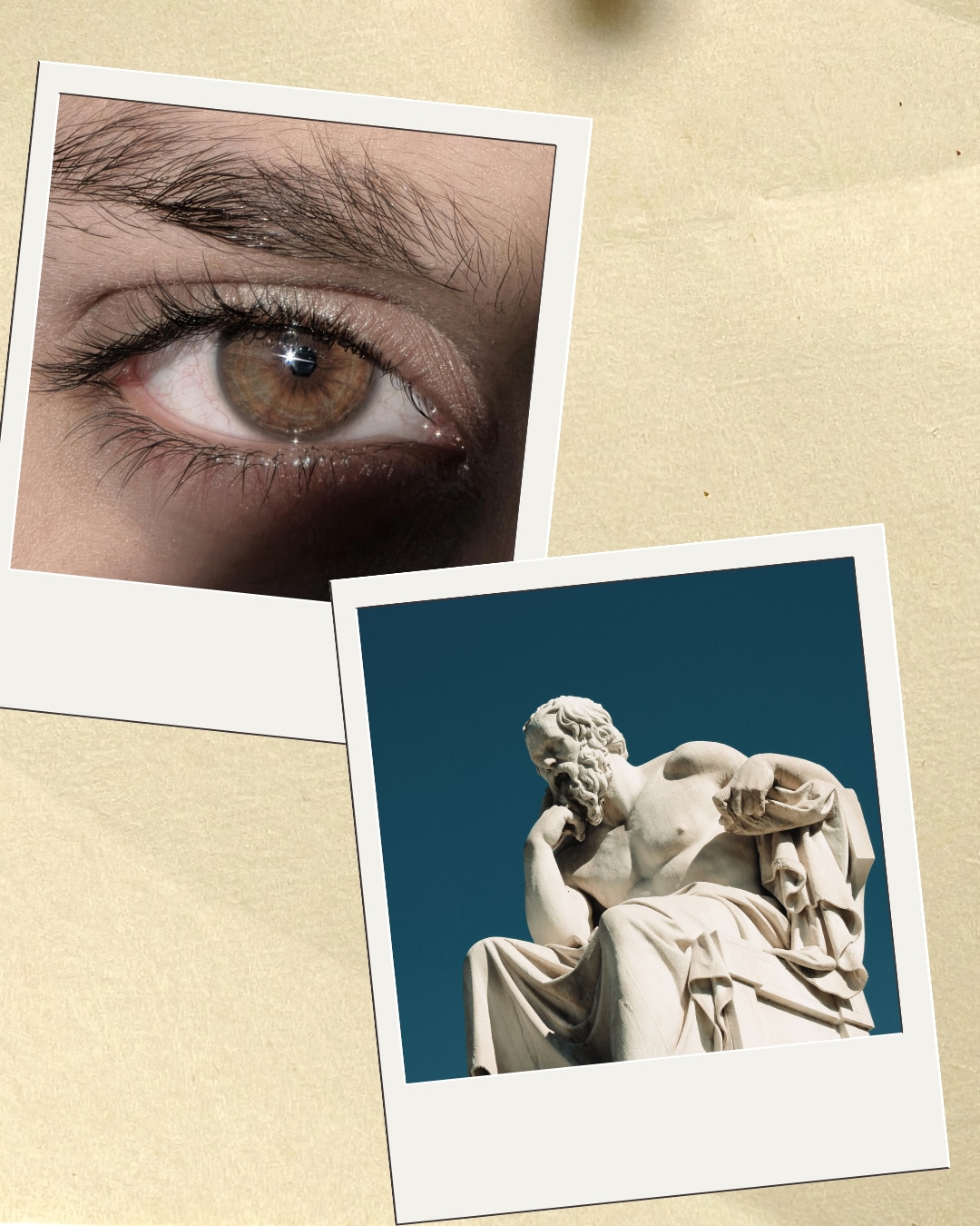Scrapbook-style collage showing a dark brown eye beside a classical philosopher statue, representing darker eye colors in historical thought.