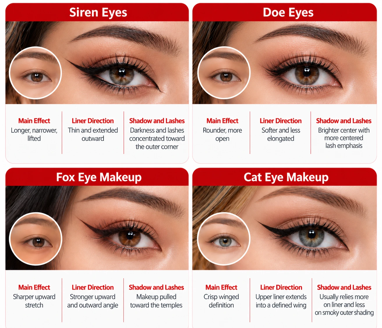 Comparison of siren eyes, doe eyes, fox eye makeup, and cat eye makeup showing differences in eye shape effect, eyeliner direction, shadow placement, and lash emphasis.