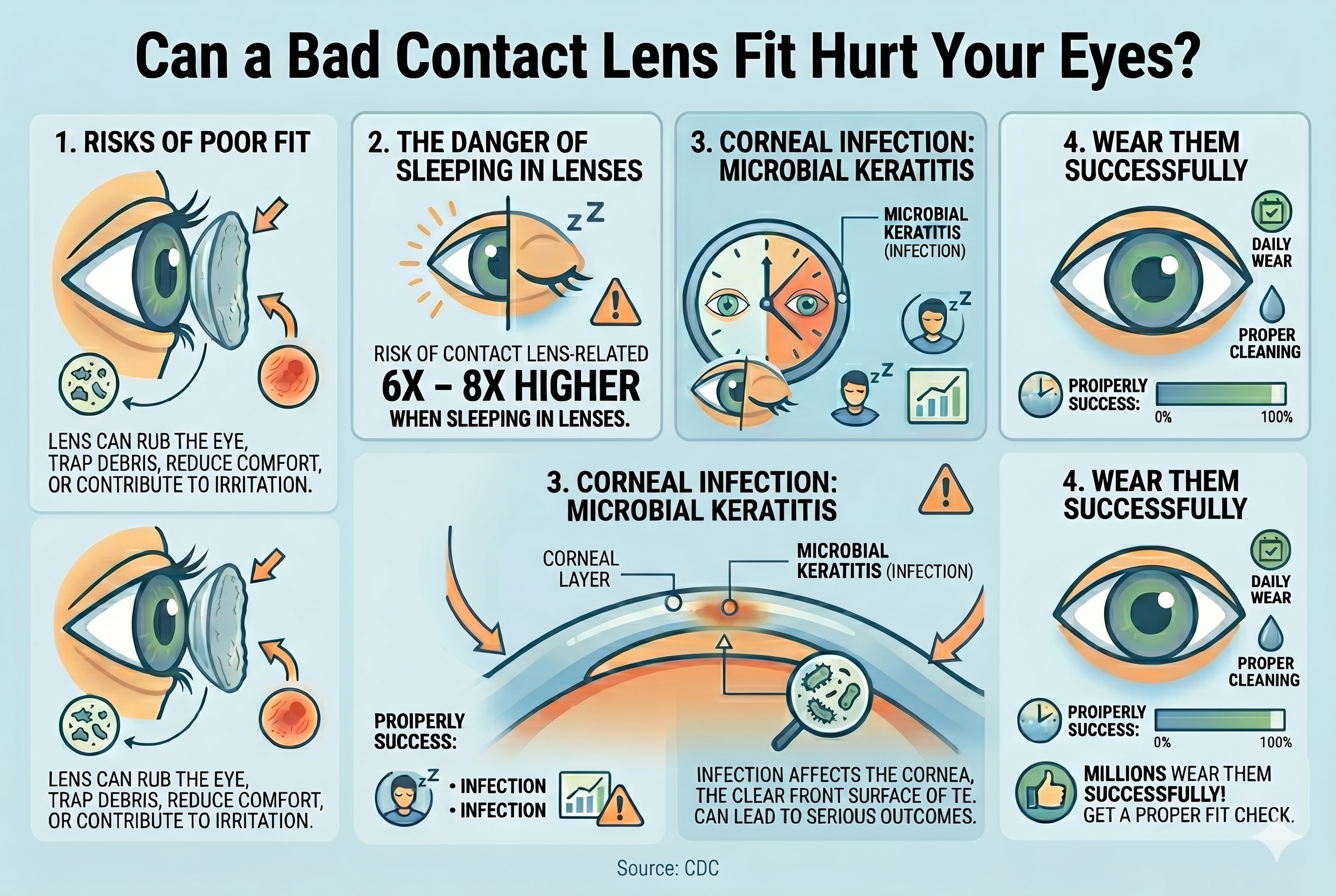 An eye health infographic titled 'Can a Bad Contact Lens Fit Hurt Your Eyes?' featuring four sections based on CDC data. Section 1 shows risks of poor fit like trapped debris; Section 2 highlights a 6 to 8 times higher risk of infection when sleeping in lenses; Section 3 illustrates microbial keratitis affecting the cornea; and Section 4 emphasizes successful wear through proper cleaning and fit checks.