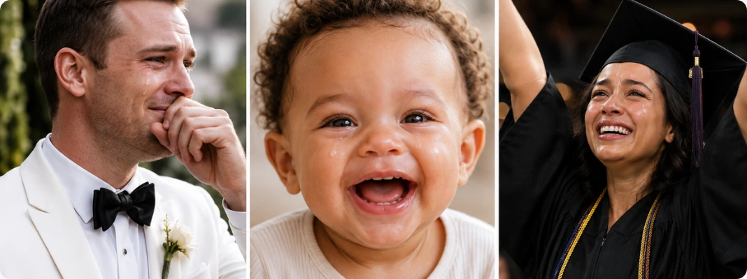 A groom, laughing baby, and graduate shedding tears of joy, illustrating why we cry when we are happy during meaningful life moments.