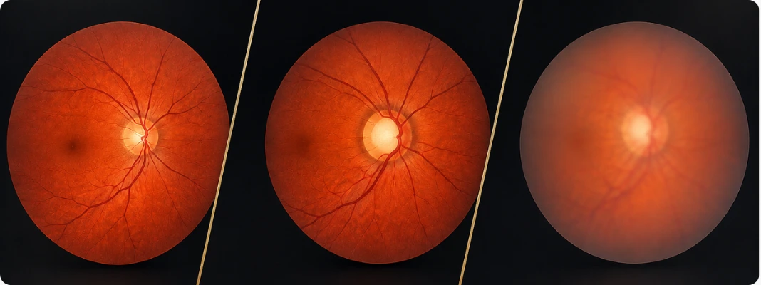 Side-by-side eye image showing a normal retina, glaucoma damage, and cataract haze to explain the difference between glaucoma and cataracts.