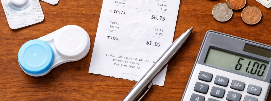 Flat lay of contact lens blister packs, a lens case, receipt, calculator, and cash on a wooden table.