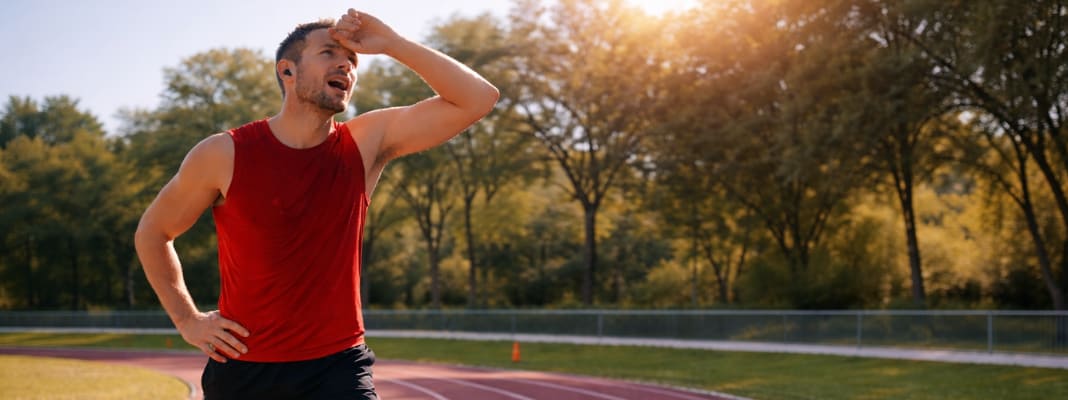 Runner wiping sweat from his forehead on a track while looking toward the sun.