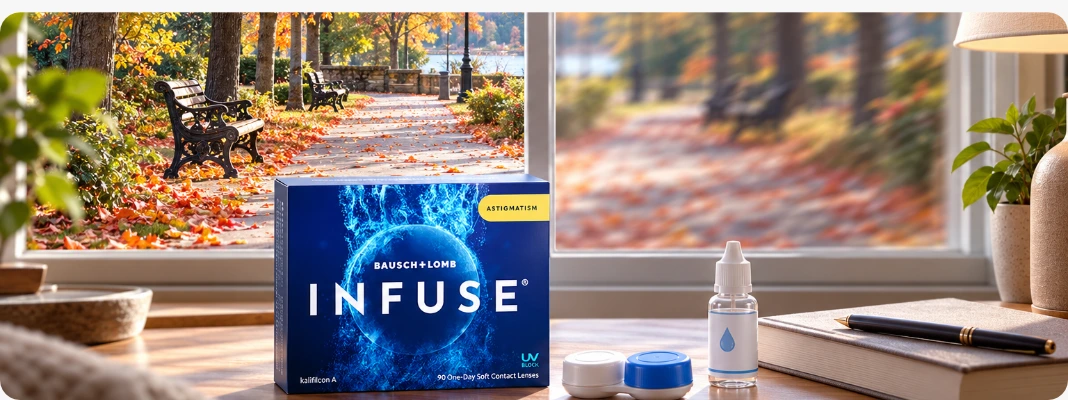 INFUSE One-Day Contact Lenses for Astigmatism beside a contact lens case and eye drops, with a split clear and blurred autumn view illustrating astigmatism vision.