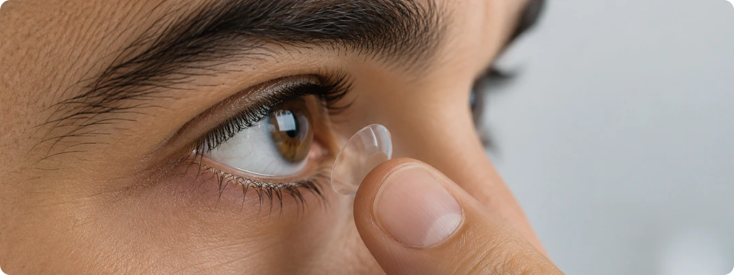 Close-up of a man placing a gas permeable contact lens, with the lens balanced on his fingertip just before insertion.