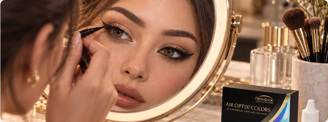 Woman creating a siren eyes makeup look in a vanity mirror with winged eyeliner, colored contact lenses, eye drops, and makeup tools.