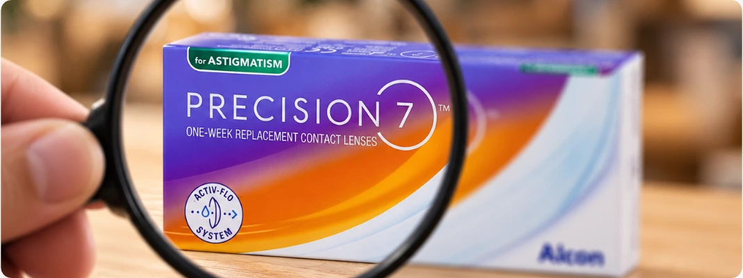 PRECISION7 for Astigmatism Contact Lenses viewed clearly through a magnifying lens while the surrounding scene appears blurred to illustrate astigmatism.