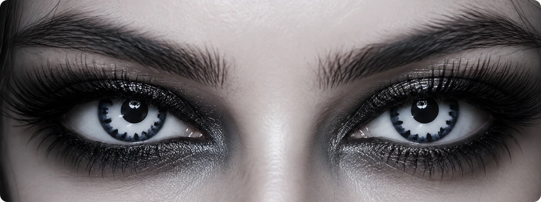Close-up of dramatic false eyelashes with white Halloween contact lenses, illustrating can you wear false eyelashes with contact lenses safely.