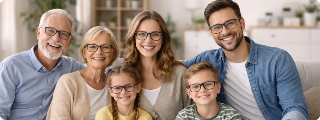 Three-generation family wearing eyeglasses on a sofa, illustrating Is Eyesight Genetic and how vision issues can run in families.