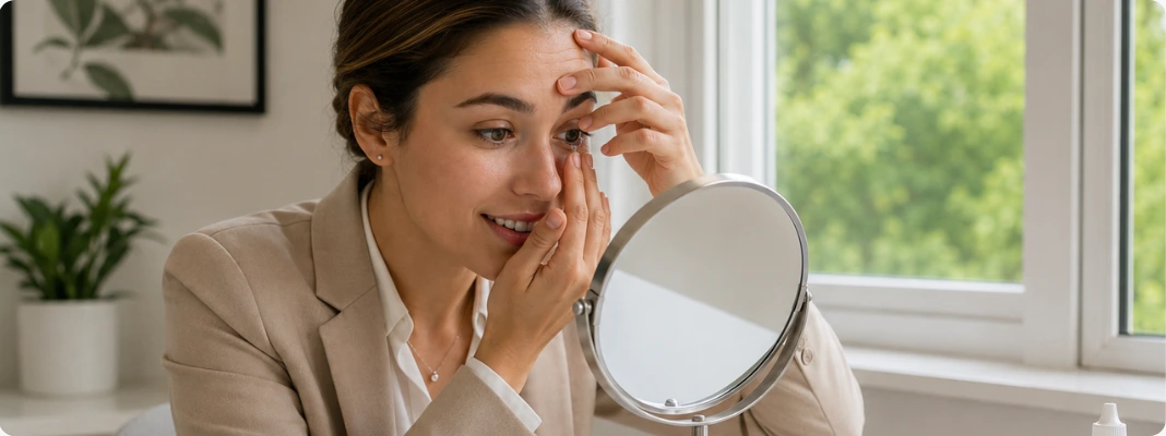 Woman applying contact lenses at a mirror with lens case, solution, drops, phone, and notebook to show how to wear contacts comfortably