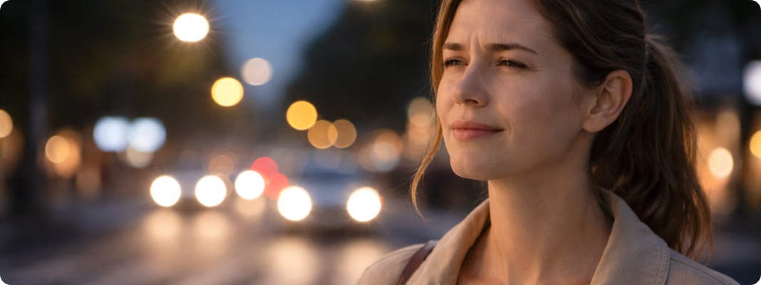 Person squinting at night streetlights with visible glare and halos in the background.
