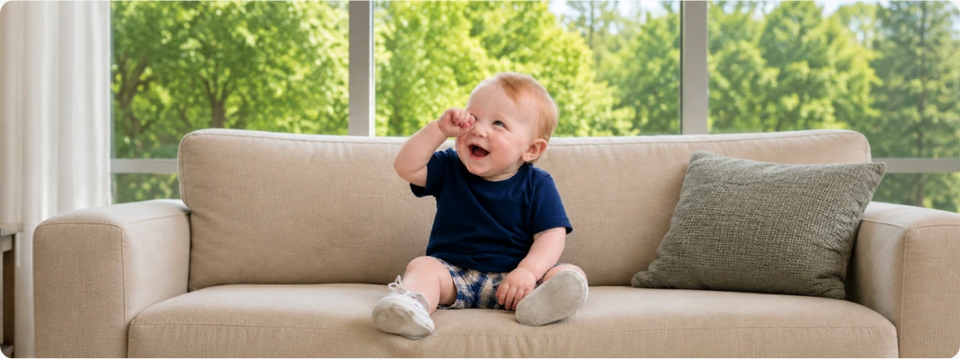 Happy baby rubbing one eye on a cozy sofa, illustrating why rubbing eyes feel good in a bright home setting.