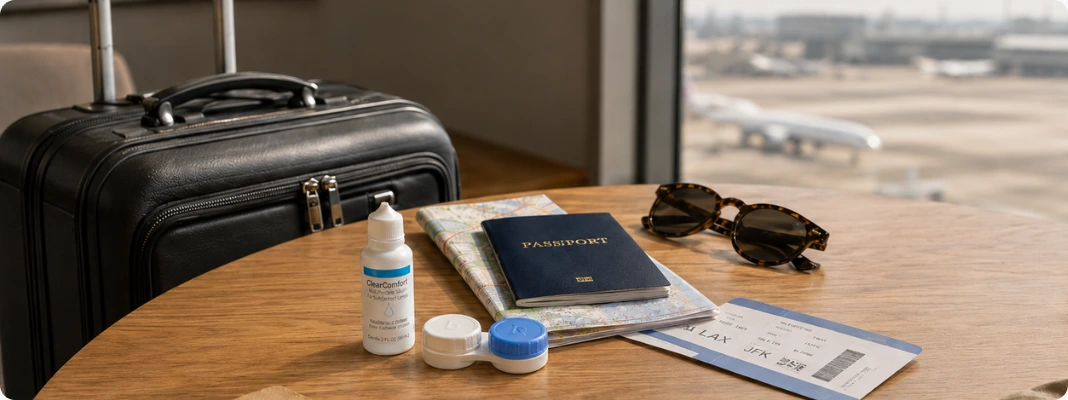 Travel essentials showing a contact lens case, eye drops, passport, and map, illustrating how to bring contacts on a plane.