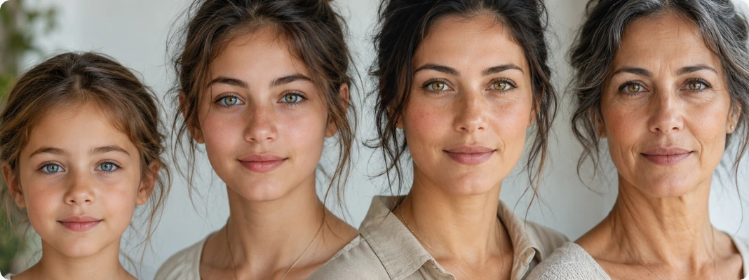 Child, teen, adult, and older woman shown together to illustrate how eye color change over time can appear across different life stages.