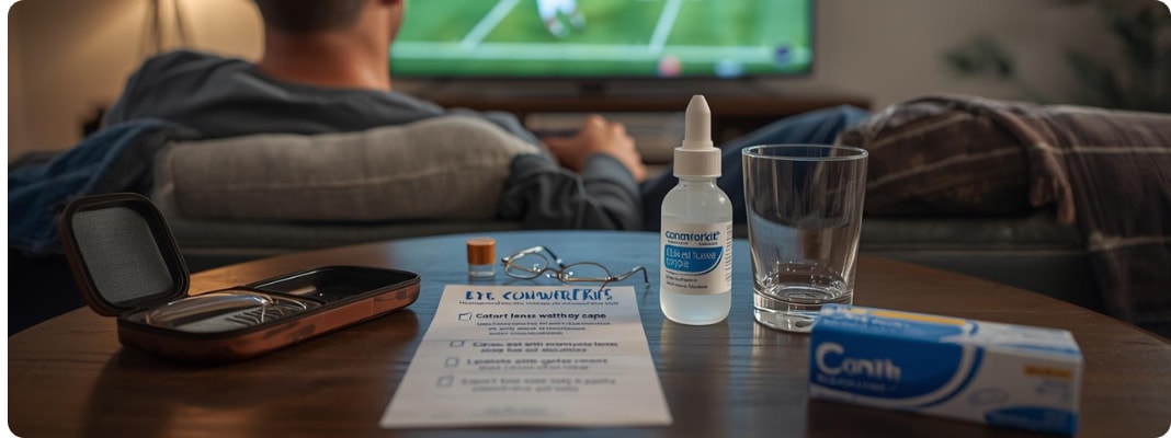 Contact lens dry eyes setup for long-time screen viewing during Super Bowl 2026 (LX), with eye drops, lens case, and contacts on a table in front of a TV.