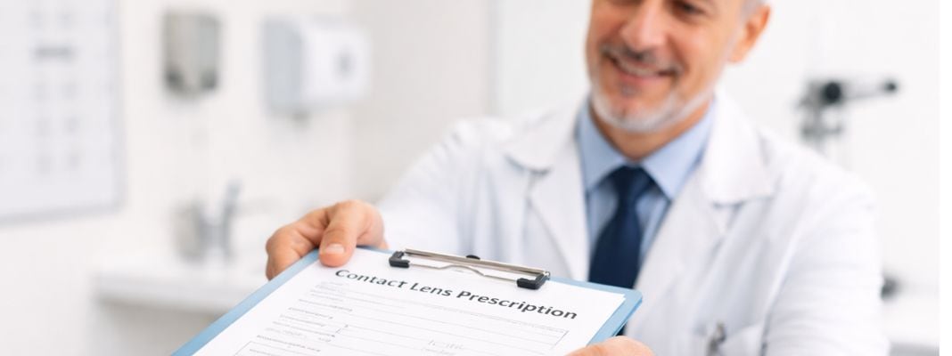 Eye doctor giving a patient a contact lens prescription form