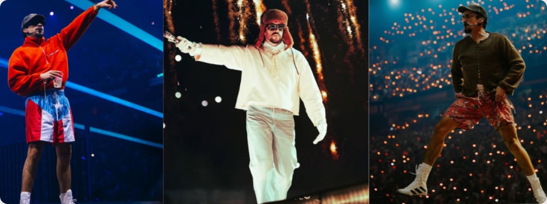 Collage of a halftime-style performer on stage under dramatic lights and pyrotechnics, representing the Bad Bunny halftime star Super Bowl 2026 topic.